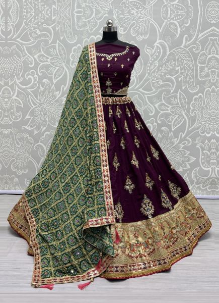Dark Violet Dolla Silk Embroidered Bandhani-Dupatta Lehenga Choli For Traditional / Religious Occasions