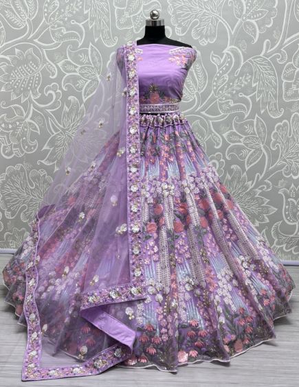 Lavender Heavy Net Thread-Work Wedding-Wear Bridal Lehenga Choli