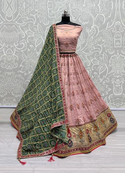 Pink Gadwal Silk Handwork Bandhani-Dupatta Lehenga Choli For Traditional / Religious Occasions