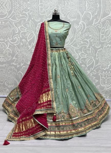 Light Teal Blue Dolla Silk Handwork Wedding-Wear Bandhani-Dupatta Lehenga Choli