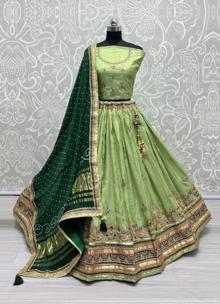 Light Green Dolla Silk Handwork Wedding-Wear Bandhani-Dupatta Lehenga Choli