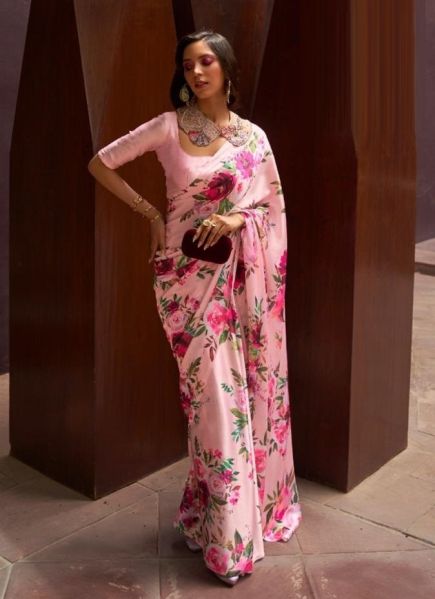 Pink Satin Crepe Floral Digital Printed Festive-Wear Saree