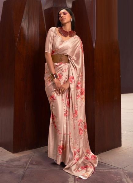 Brownish Pink Satin Crepe Floral Digital Printed Festive-Wear Saree