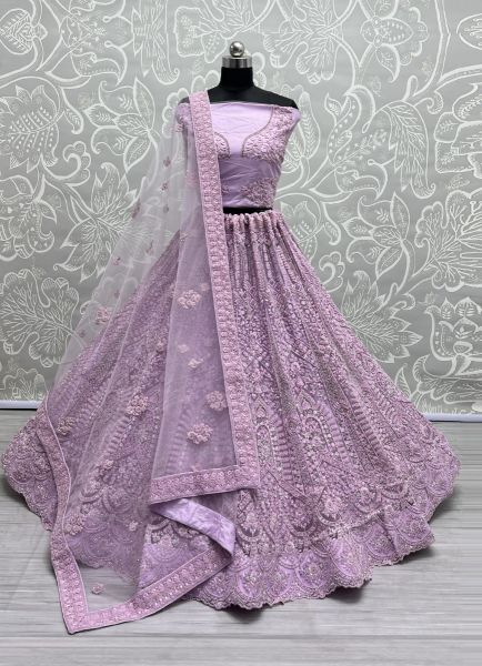 Lilac Net Thread-Work Wedding-Wear Bridal Lehenga choli