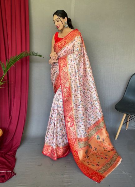 Light Pink Paithani Silk Printed Saree For Traditional / Religious Occasions