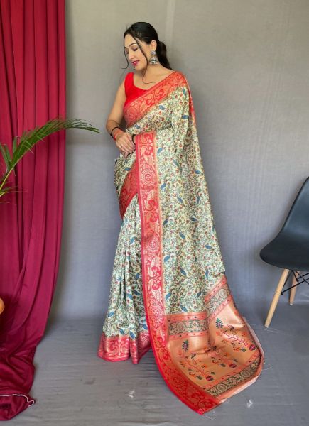 Cream Paithani Silk Printed Saree For Traditional / Religious Occasions