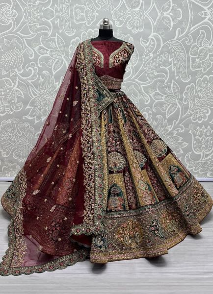 Dark Maroon Velvet Handmade Wedding-Wear Bridal Lehenga Choli With Double Dupatta