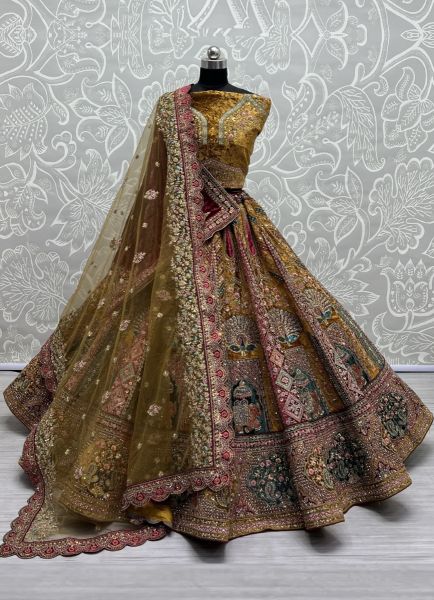 Golden Velvet Handmade Wedding-Wear Bridal Lehenga Choli With Double Dupatta
