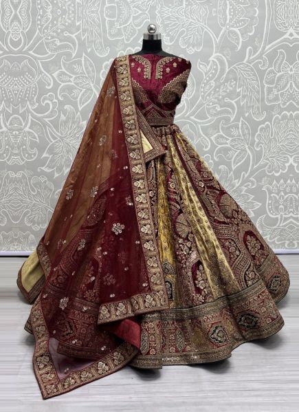 Wine & Golden Banarasi Silk Handmade Wedding-Wear Bridal Lehenga Choli With Double Dupatta