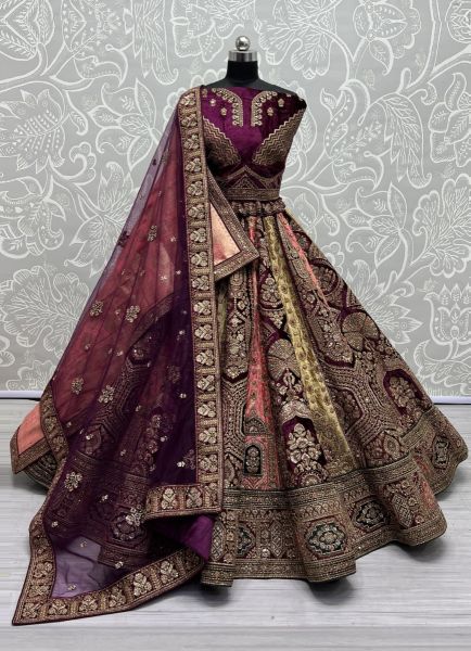 Purple Banarasi Silk Handmade Wedding-Wear Bridal Lehenga Choli With Double Dupatta