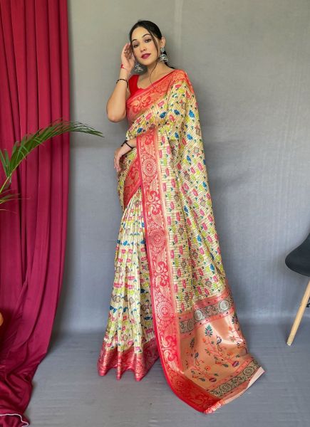 Light Yellow Paithani Silk Printed Saree For Traditional / Religious Occasions