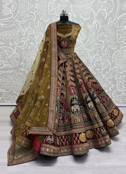 Multicolor Velvet Handmade Wedding-Wear Bridal Lehenga Choli With Double Dupatta