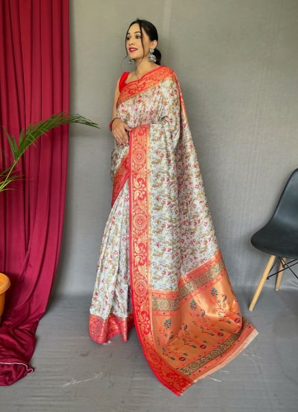 White Paithani Silk Printed Saree For Traditional / Religious Occasions