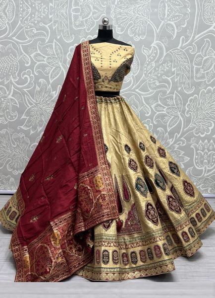 Cream Banarasi Silk Handmade Wedding-Wear Bridal Lehenga Choli