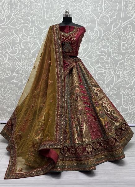 Multicolor Velvet Handmade Wedding-Wear Bridal Lehenga Choli With Double Dupatta