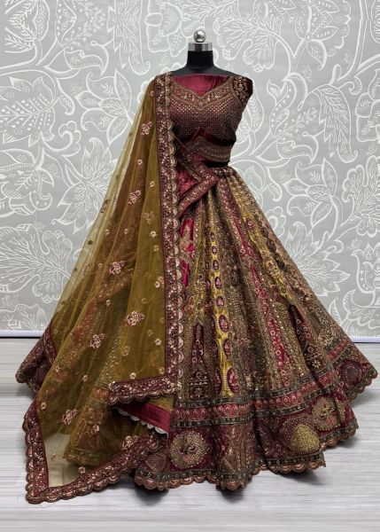 Multicolor Velvet Silk Handmade Wedding-Wear Bridal Lehenga Choli With Double Dupatta