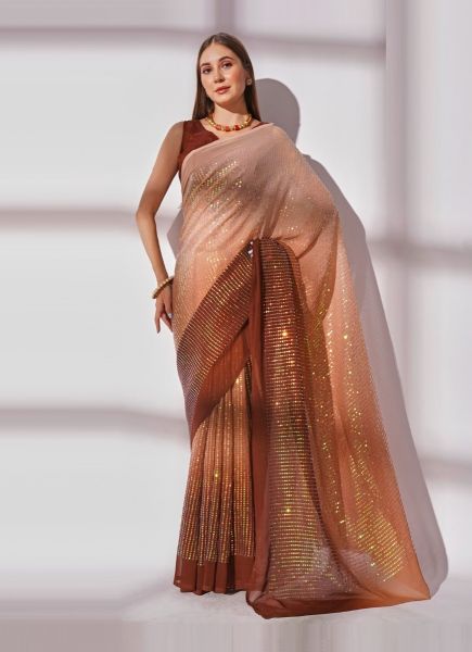 Brown Georgette Sequins-Work Saree For Kitty Parties