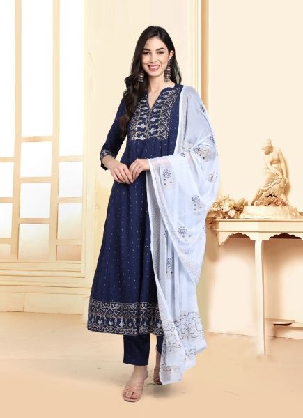 Dark Blue Rayon Printed Summer-Wear Readymade Trending Salwar Kameez
