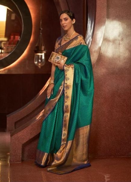 Teal Green Silk Handloom Weaving Party-Wear Saree