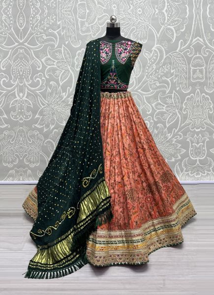 Salmon & Dark Teal Green Pure Silk Base Thread-Work Wedding-Wear Bandhani-Dupatta Lehenga Choli