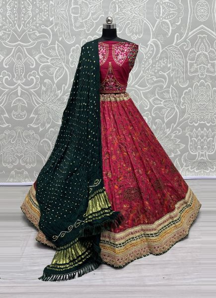 Wine Red Pure Silk Base Thread-Work Wedding-Wear Bandhani-Dupatta Lehenga Choli