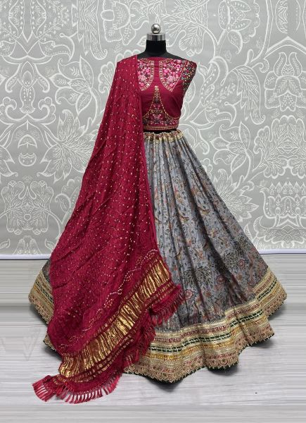 Light Steel Blue & Wine Pure Silk Base Thread-Work Wedding-Wear Bandhani-Dupatta Lehenga Choli