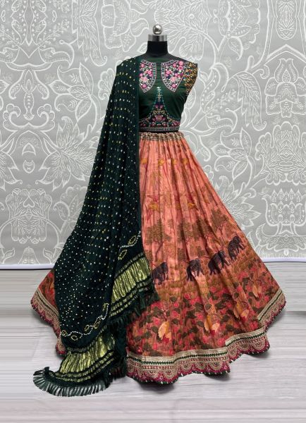 Salmon & Dark Green Pure Silk Base Thread-Work Wedding-Wear Bandhani-Dupatta Lehenga Choli