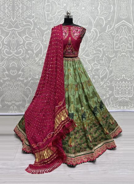 Parrot Green & Wine Pure Silk Base Thread-Work Wedding-Wear Bandhani-Dupatta Lehenga Choli