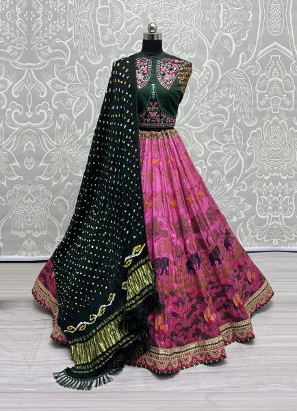 Pink & Dark Teal Green Pure Silk Base Thread-Work Wedding-Wear Bandhani-Dupatta Lehenga Choli