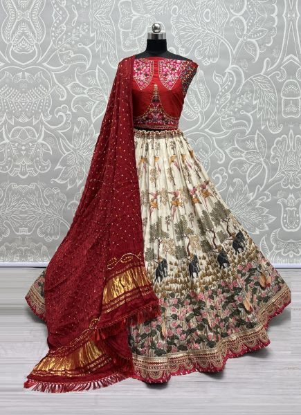 White & Red Pure Silk Base Thread-Work Wedding-Wear Bandhani-Dupatta Lehenga Choli