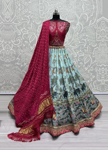 Light Blue & Wine Pure Silk Base Thread-Work Wedding-Wear Bandhani-Dupatta Lehenga Choli