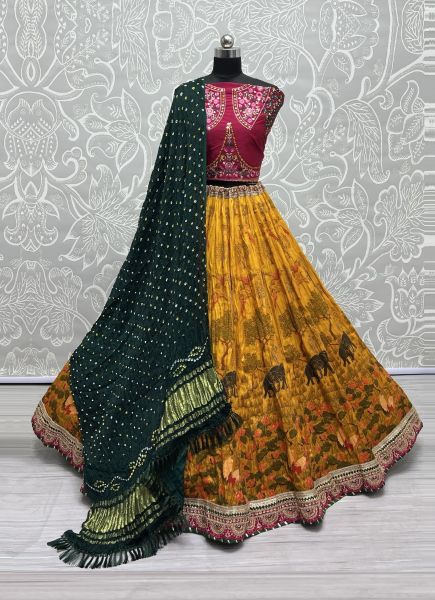 Orange & Wine Pure Silk Base Thread-Work Wedding-Wear Bandhani-Dupatta Lehenga Choli