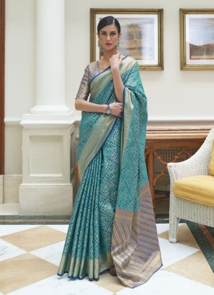 Teal Blue Woven Patola Silk Saree For Traditional / Religious Occasions