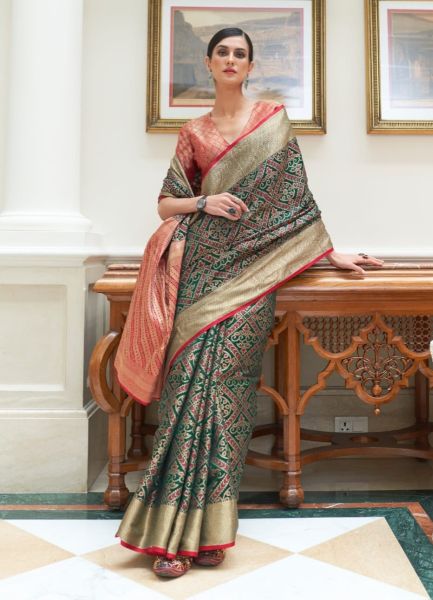 Dark Green Woven Patola Silk Saree For Traditional / Religious Occasions