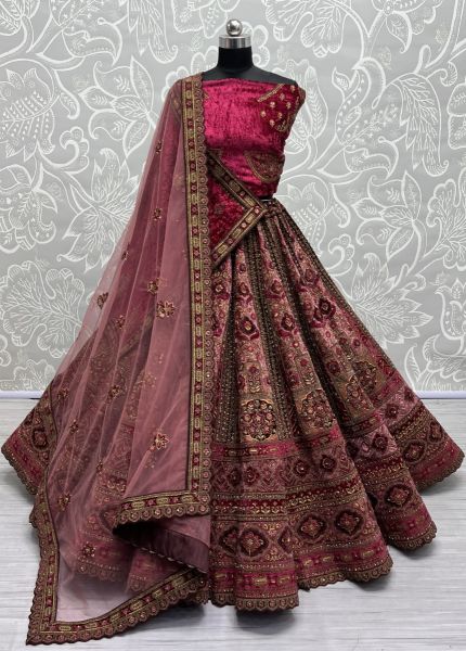 Dark Pink Velvet Handwork Wedding-Wear Bridal Lehenga Choli With Double Dupatta