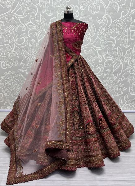 Pink Velvet Handwork Wedding-Wear Bridal Lehenga Choli With Double Dupatta