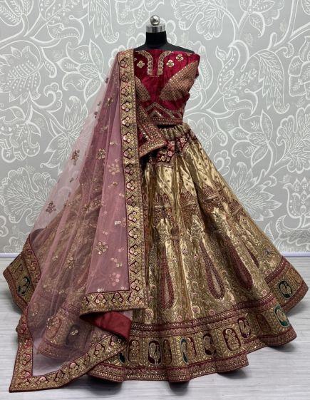 Chiku Brocade Silk Handwork Wedding-Wear Bridal Lehenga Choli With Double Dupatta