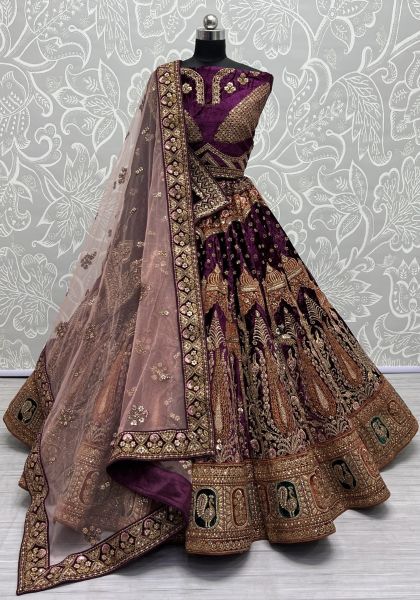 Dark Violet Velvet Handwork Wedding-Wear Bridal Lehenga Choli With Double Dupatta