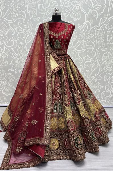 Maroon Silk & Velvet Handwork Wedding-Wear Bridal Lehenga Choli With Double Dupatta