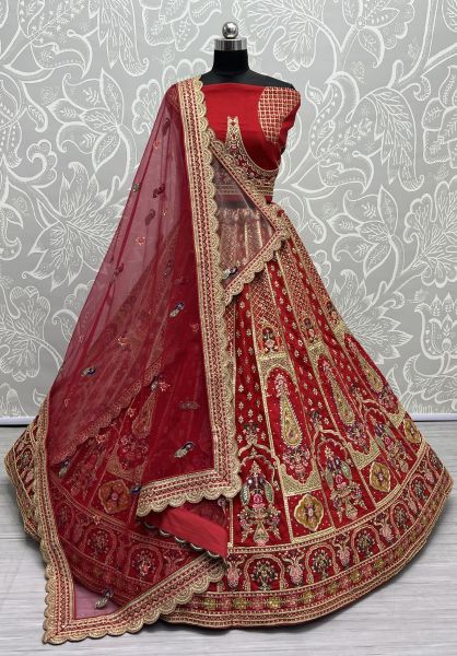 Red Silk Handwork Wedding-Wear Bridal Lehenga Choli With Double Dupatta