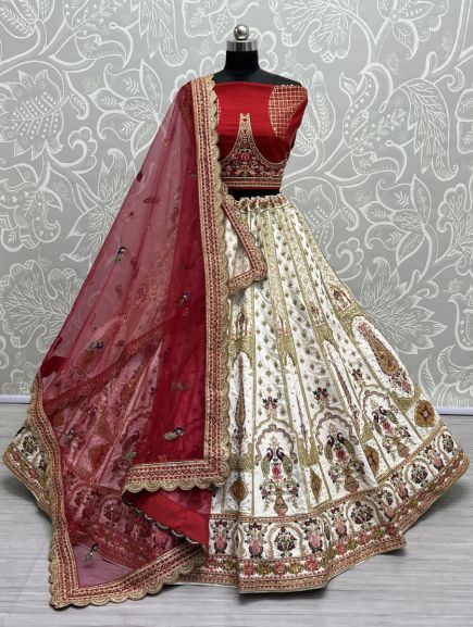 White Silk Handwork Wedding-Wear Bridal Lehenga Choli With Double Dupatta
