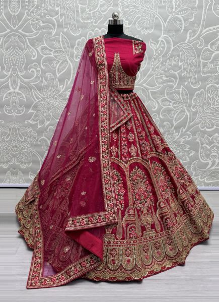 Dark Magenta Heavy Silk Handwork Wedding-Wear Bridal Lehenga Choli [With Double Dupatta]