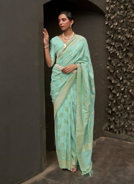 Light Mint Green Chinon Georgette Woven Party-Wear Soft Saree
