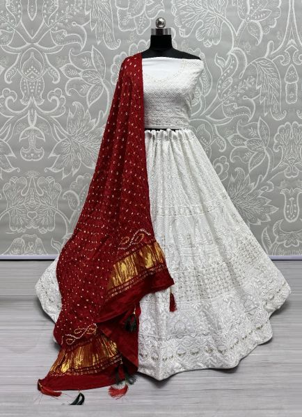 White Georgette Handwork Wedding-Wear Bandhani-Dupatta Lehenga Choli