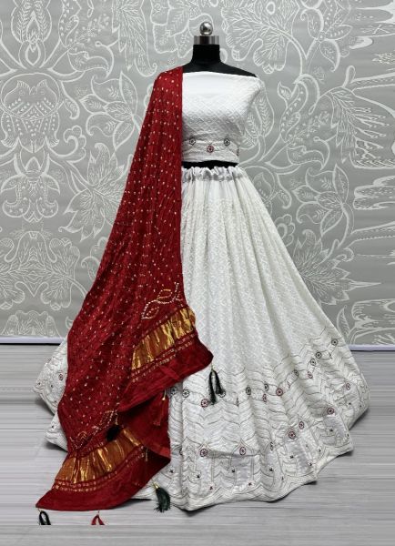White Georgette Handwork Wedding-Wear Bandhani-Dupatta Lehenga Choli