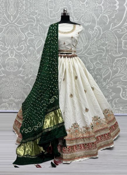 White Gadhwal Silk Handwork Wedding-Wear Bandhani-Dupatta Lehenga Choli