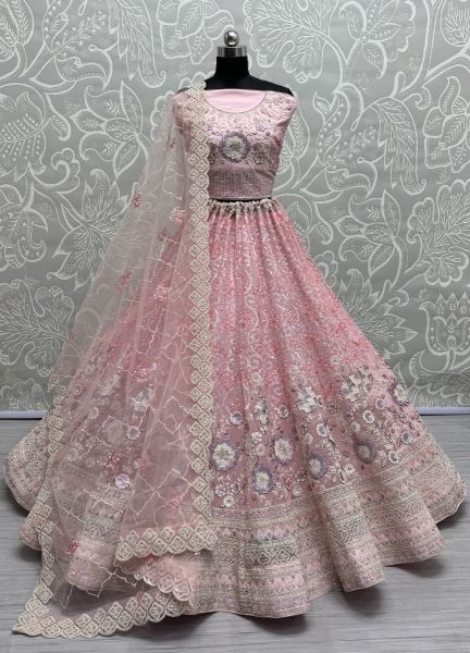 Light Pink Net Handwork Wedding-Wear Bridal Lehenga Choli