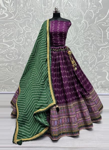 Purple Chinon Printed Bandhani-Dupatta Lehenga Choli For Traditional / Religious Occasions