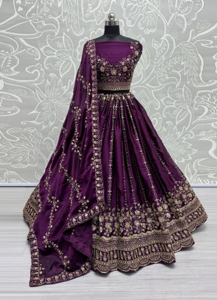 Purple Satin Chiffon Handwork Wedding-Wear Reception Lehenga Choli