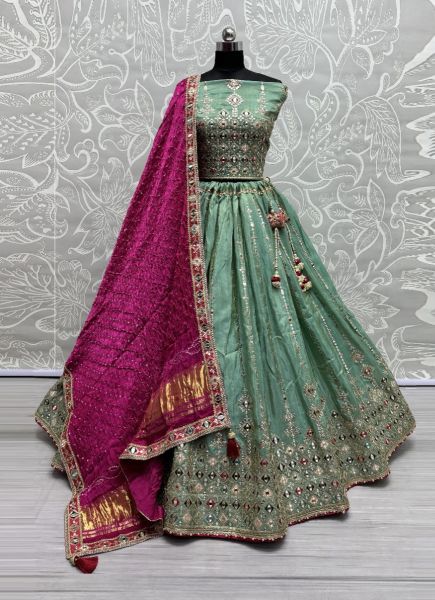 Mint Green Pure Gadhwal Silk Handwork Wedding-Wear Bandhani-Dupatta Lehenga Choli
